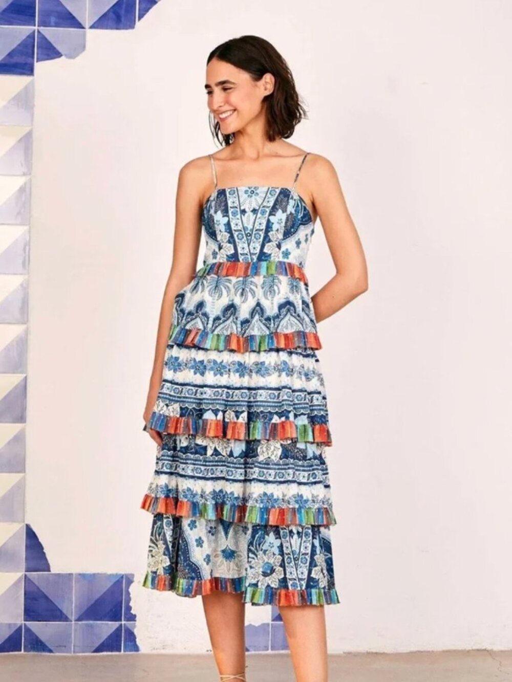 FARM Rio | Blue Palms Frilled Skirt Midi Dress